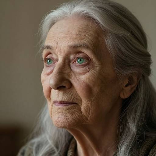 Photograph of an elderly woman with long, gray hair, green eyes, wrinkled skin, and a gentle expression, set against a softly blurred background