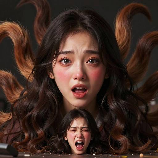 Digital artwork of an Asian woman with long, dark hair and multiple fox tails, expressing shock. A smaller version of her head is below, also shocked