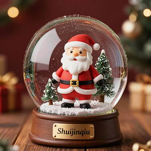 Photograph of a glass Christmas snow globe with a Santa Claus figurine, small pine trees, and a 