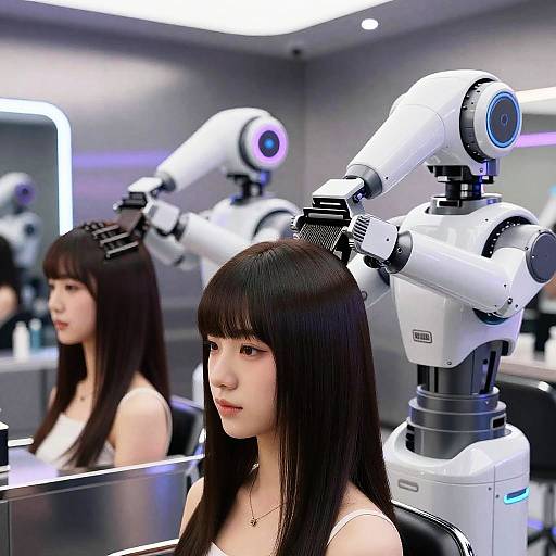 Photograph of an East Asian woman with long black hair, wearing a white tank top, seated in front of futuristic robotic hairdryers in a modern