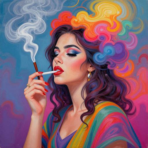 Digital painting of a woman with wavy dark hair, vibrant rainbow smoke, red lipstick, blue eyeshadow, smoking a cigarette, wearing colorful striped