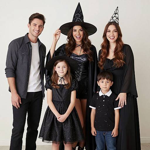 Photograph of a family in Halloween costumes: father in black shirt, mother and older daughter in black witch outfits, younger daughter in black dress, son
