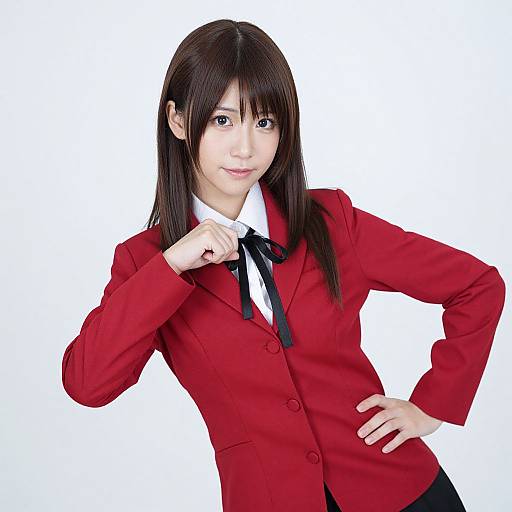 Photograph of an Asian woman with straight black hair, wearing a red blazer, white shirt, and black ribbon, posing confidently against a white background