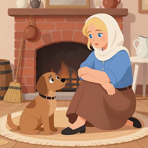 Blonde Woman and Dog by Fireplace
