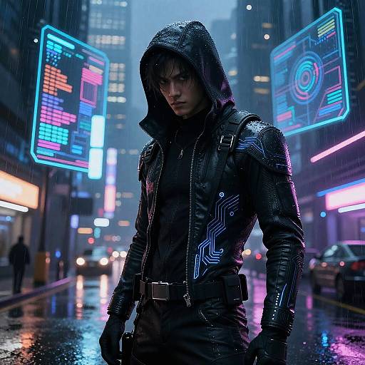 Cyberpunk cityscape photograph: Rain-soaked, hooded woman in black, neon-lit, futuristic armor stands confidently, glowing screens and neon