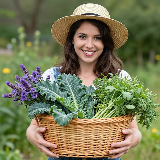 Photograph of a smiling woman with wavy brown hair, wearing a straw hat, holding a wicker basket filled with fresh herbs and lavender in a