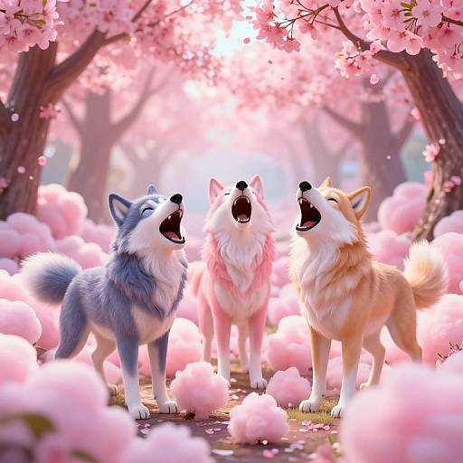 Three digital wolves howling under pink cherry blossoms, surrounded by fluffy pink petals, with sunlight filtering through the trees.