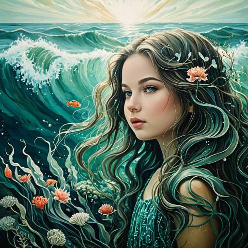 Surreal Portrait of Girl with Ocean Waves Hair