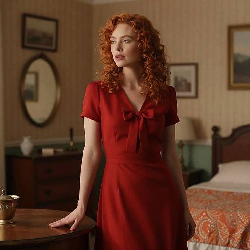 Vintage Bedroom Portrait of Red-Haired Woman