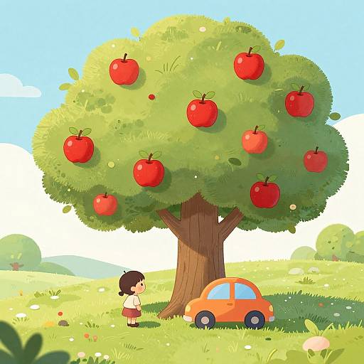 Colorful cartoon: young girl in red dress stands beside orange car under lush apple tree with bright red apples in sunny meadow.