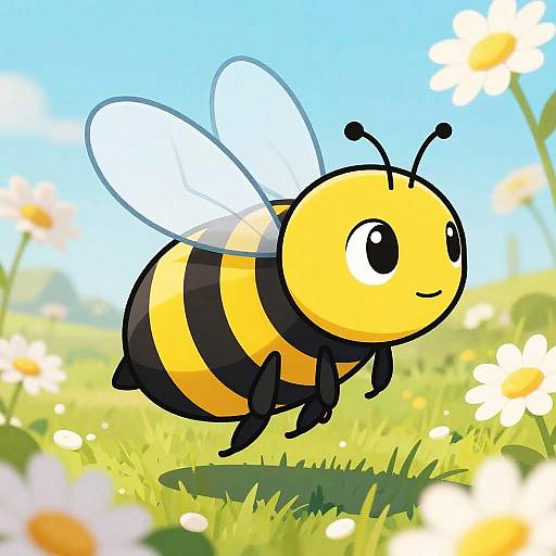 Cartoon bee with large eyes and translucent wings flying in a sunny field with white daisies and blue sky.