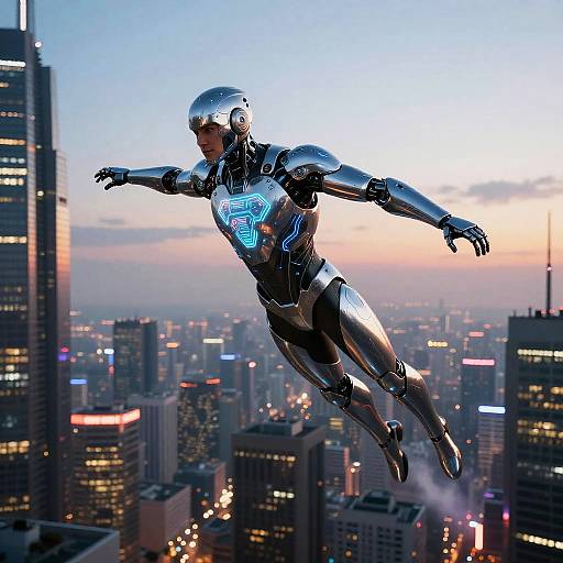 Photorealistic CGI of a silver, glowing, robotic superhero with outstretched arms flying above a bustling, illuminated city skyline at sunset.