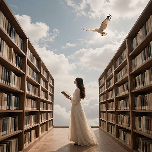 Photograph: Silhouetted woman in white dress reading book between two tall library aisles, with a bird flying above under a bright, cloudy