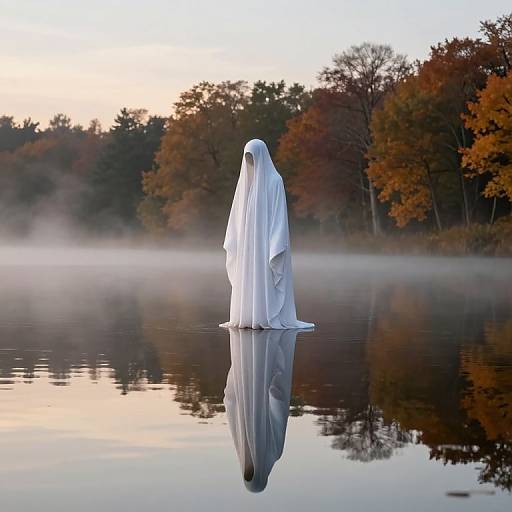 Misty Lake Reflection with Cloaked Figure