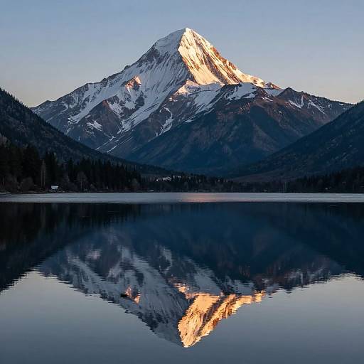 Photograph of a snow-capped mountain at sunrise, reflecting in a calm lake, with clear blue sky and dark forested hills in the background.