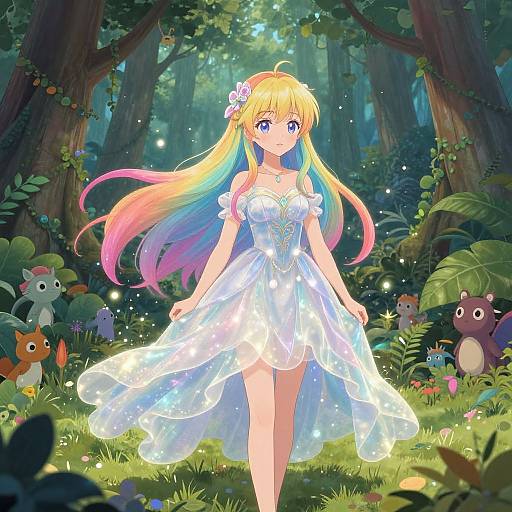 Anime-style digital illustration of a blonde girl with rainbow hair, wearing a glowing white dress, standing in a magical forest with colorful creatures and soft sunlight filtering
