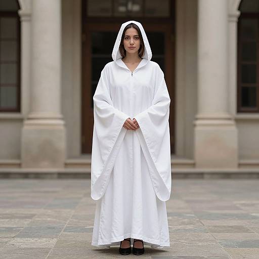Photograph of a serious woman wearing a long, white, hooded robe, standing in front of a stone building with large windows.