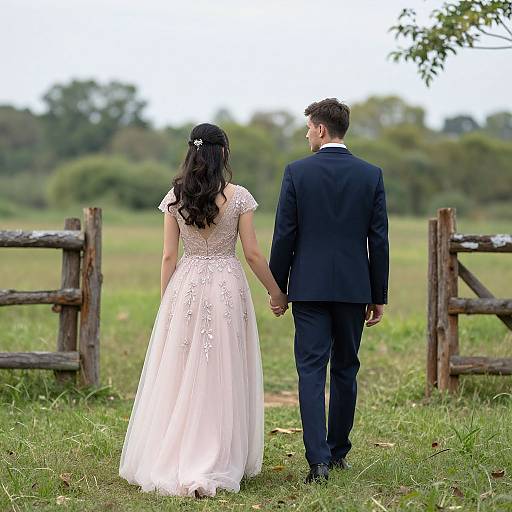 Photograph of a bride in a pink, lace wedding dress and groom in a black suit, holding hands, walking away from a wooden fence in a