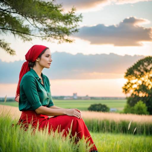 Young woman in red headscarf sitting in green field at sunset