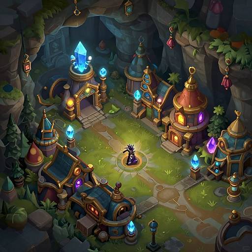 Fantasy cave scene illustration: colorful, glowing crystals, enchanted houses, lanterns, and a small, black-robed figure standing in a glowing circle