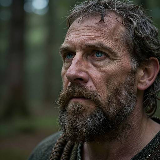 Close-up photograph of a rugged, bearded man with blue eyes, messy gray hair, and intense expression, set against a blurred forest background.