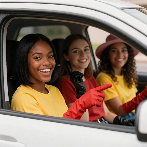 Energetic Trio in a Colorful Car