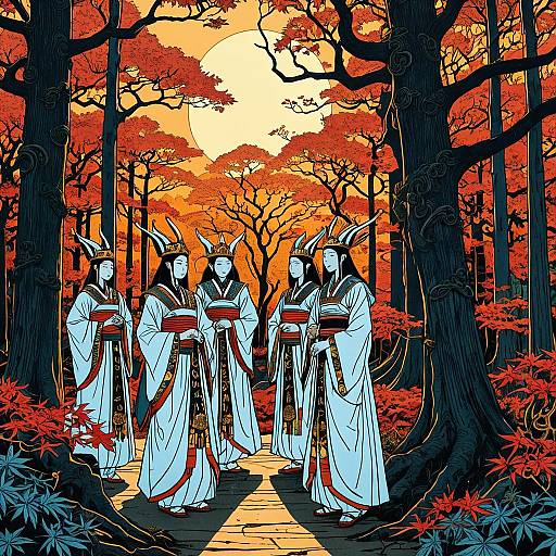 Mystical Figures in Ancient Japanese Maple Forest