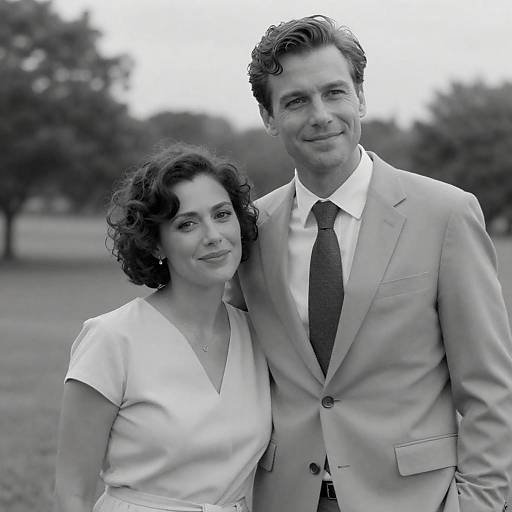 Black-and-white photograph of a smiling couple; woman in white dress, curly hair, man in light suit, dark tie, standing closely outdoors.