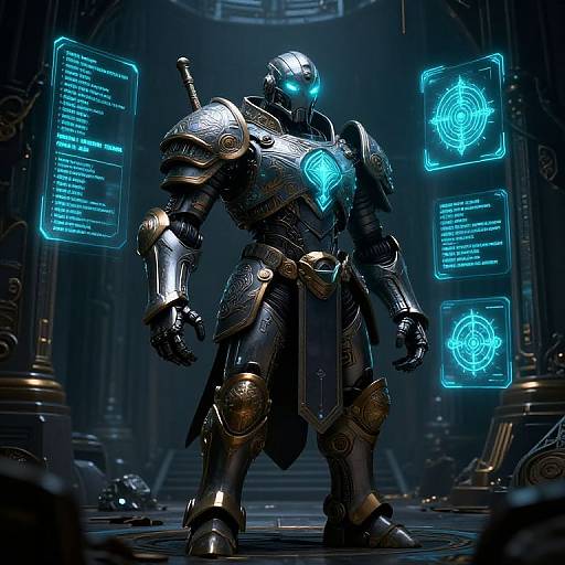 CGI image of a futuristic, armored robot with glowing blue eyes and chest, standing in a dark, sci-fi hallway with holographic blue interfaces.