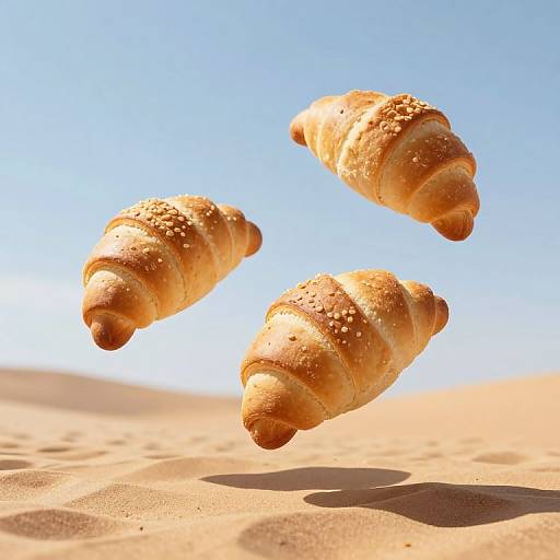 Photograph of three golden-brown, sesame-seed-covered croissants floating in mid-air over a bright, sunlit desert with clear blue sky