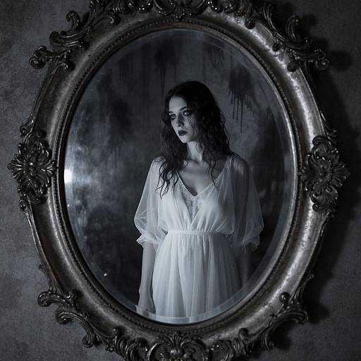Photograph of a gothic-style woman with long, wavy dark hair, wearing a sheer, white, V-neck dress, reflected in an orn