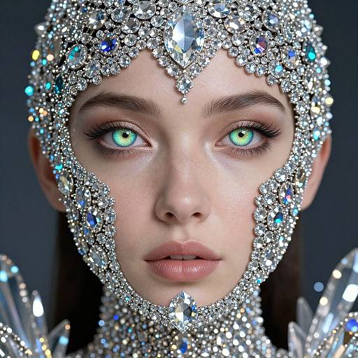 Close-up photograph of a fair-skinned woman with piercing blue-green eyes, adorned in a sparkling, diamond-like headpiece and jewelry, against a dark