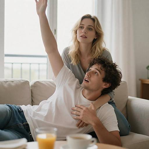 Couple Relaxing on Couch in Bright Living Room