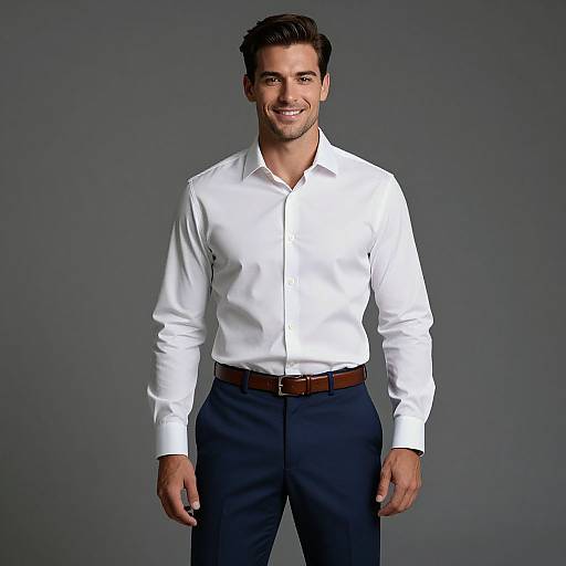 Photograph of a handsome, dark-haired man in a white button-up shirt and dark pants, smiling against a gray background.