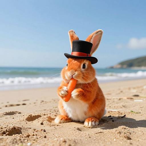 Orange Bunny in Top Hat Eating Carrot on Beach