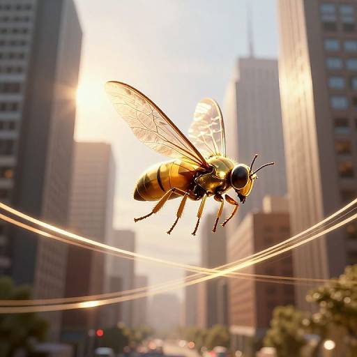 Photograph of a honeybee with translucent wings, suspended mid-air against a sunlit urban skyline, with blurred skyscrapers in the background.