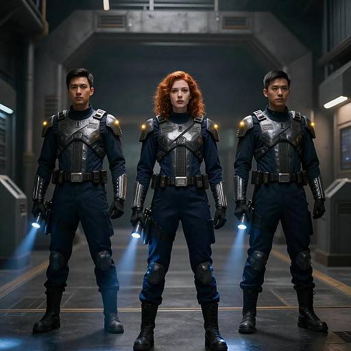 Futuristic Soldiers in Dark Corridor