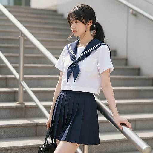 Asian Woman in Navy Blue Sailor School Uniform