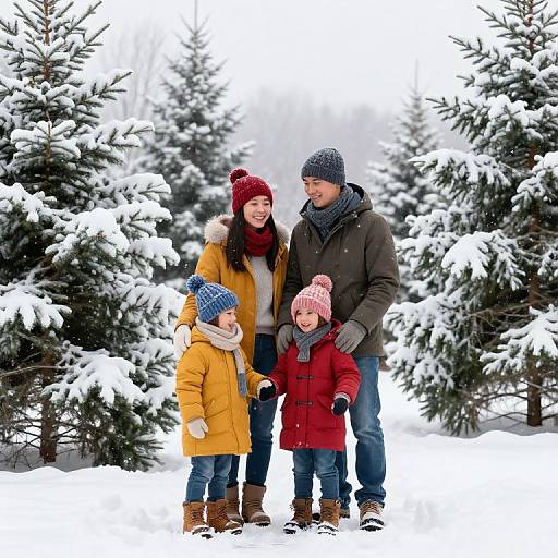 Photograph of a smiling family of four in winter clothing, standing in a snowy forest with snow-covered evergreen trees. Father in dark coat, mother