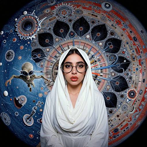 Digital art of a young woman in a white hooded robe, glasses, with a skull floating left, intricate, circular, cosmic background.