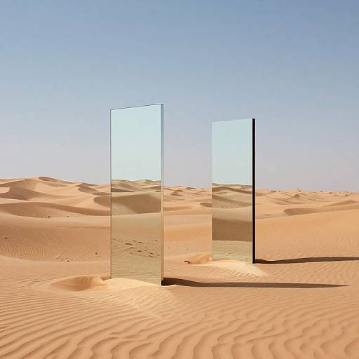 Photograph of three tall, transparent glass panels standing in a sunlit, golden desert with rippled sand dunes and a clear blue sky.