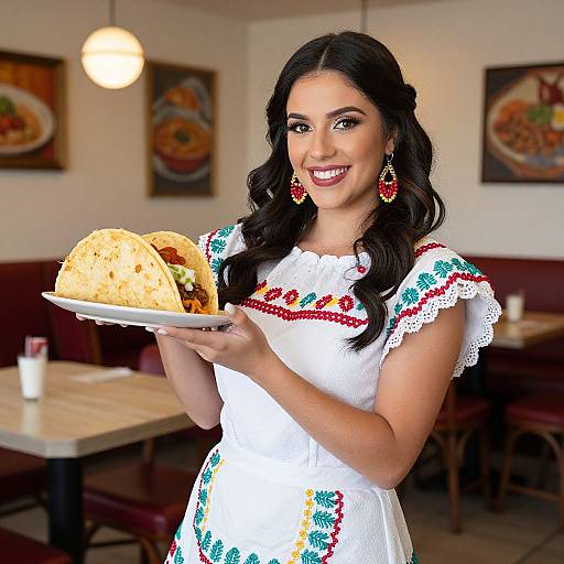 Woman in Mexican Dress with Taco