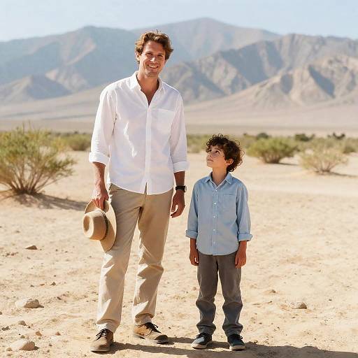 Man and Boy Standing in Desert Landscape
