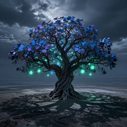 Iridescent Primordial Tree Under Tempest Sky
