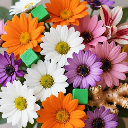 Colorful flower arrangement with ginger and green cubes