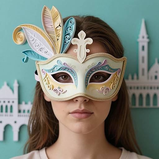 Photograph of a young woman with fair skin and brown hair wearing an ornate Venetian-style masquerade mask with colorful feathers, gold trim