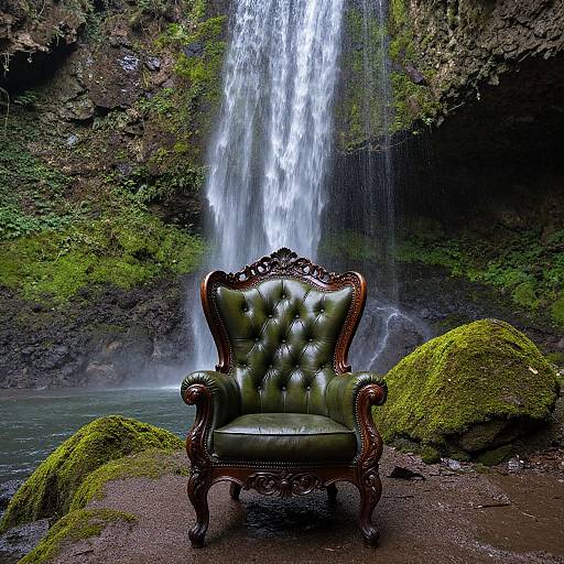 Photograph of a vintage, green, tufted leather chair with dark wooden carvings, placed in front of a cascading waterfall surrounded by