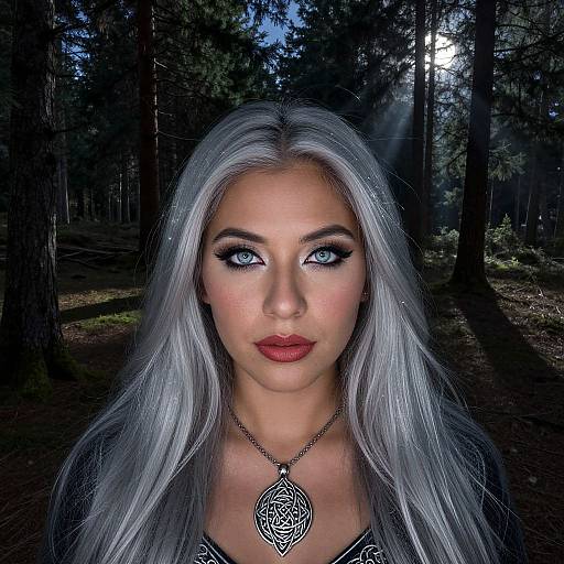 Photograph of a woman with long silver hair, blue eyes, red lipstick, wearing a black top and intricate pendant, standing in a dark forest with