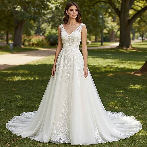Photograph of a beautiful woman with long brown hair in a white, lace-embellished, V-neck, sleeveless wedding gown, standing in
