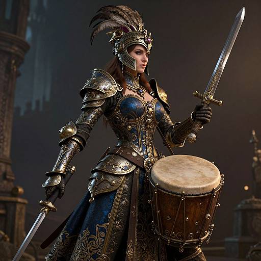 Digital artwork of a fierce female warrior in ornate medieval armor, holding a sword and drum, with a feathered helmet and dark, dramatic background.